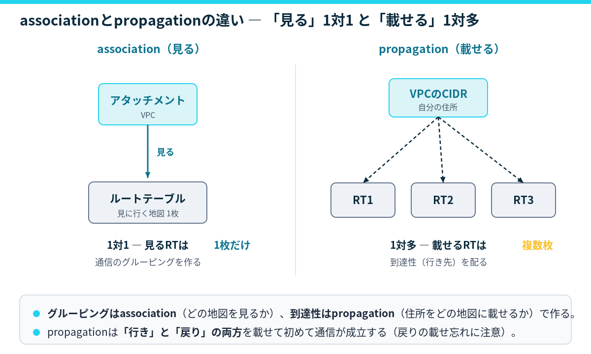 associationは1対1で見る、propagationは1対多で載せるの概念図
