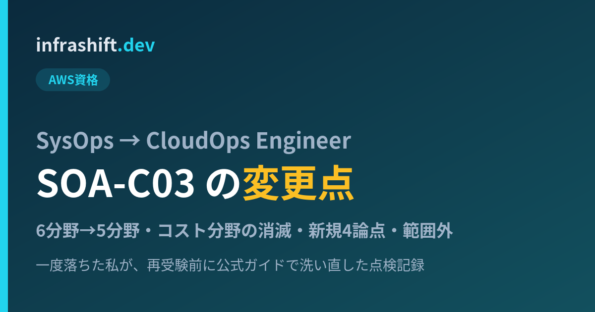 SOA-C03（CloudOps Engineer）の変更点：6分野→5分野・コスト分野の消滅・新規4論点・範囲外